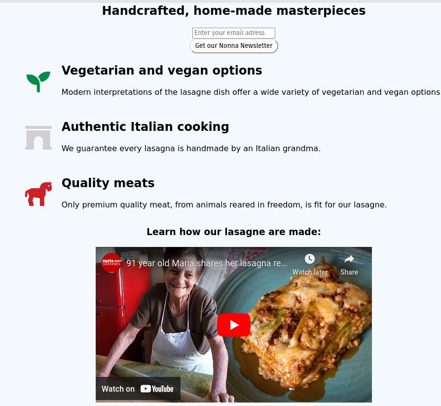 Product Landing Page for the Lasagne Abo